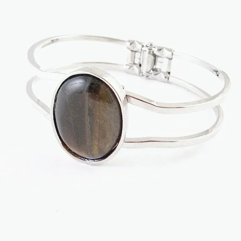 Tiger's Eye Stone Cuff Bangle Silver Toned Bracelet.
